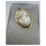 10K Gold Framed Shell Cameo Brooch Pendant