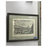 Framed Engraving of Italian Courtyard, 30x24"