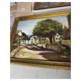 Framed 19x23 Village Scene Oil Painting