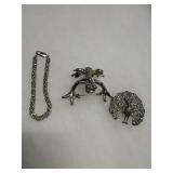 Sterling Silver Frog and Peacock Brooches, W.