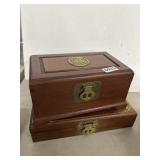 Pair Asian-Inspired Wooden Jewelry Boxes With Cont