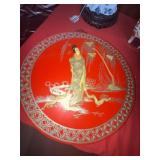 Red Lacquer Wall Plaque With Asian Woman Relief