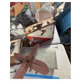 Vintage Fan Blade, Metal Cover, and Toolbox