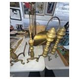 Brass Fireplace Andirons, Tools, and Wood Holder