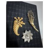 Three Vintage Brooch Pins: Flower, Cornucopia, and