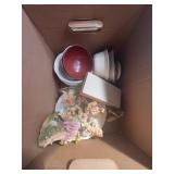 Box Lot of Assorted Ceramic Dishes and Fairy Figur