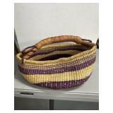 14" Handwoven Basket With Leather Wrapped Handle