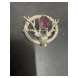 Silver Tone Stag Head Brooch with Red Gem