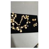 Cream and Gold-Tone Beaded Necklace With Earrings