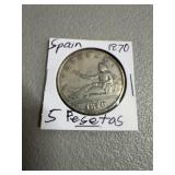 Spain 1870 5 Pesetas Silver Coin