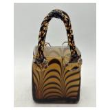8" Handblown Art Glass Basket With Amber Pattern
