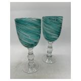 9" Art Glass Goblets with Swirled Teal Design