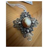 Sterling Filigree Fire Opal Brooch