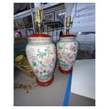 Floral Porcelain Table Lamps with Red Wood Bases