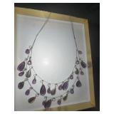 Silver Tone Necklace with Purple Teardrop Charms