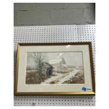 Framed Winter Barn Scene Print, 28x18 Inches