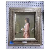 Oil Painting of Woman with Birdcage, 13x15 Inches