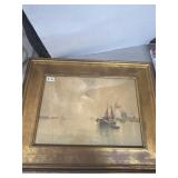 Framed Harbor Scene Watercolor, 27x21"