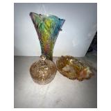 Iridescent Glass Vase, Candy Dish, and Bowl Trio