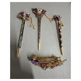 3 Chinese Hairpins and Purple Barrette