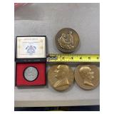 3 Bronze Medallions and Small Medal in Case