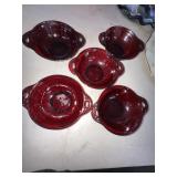 5 Red Depression Glass Handled Bowls