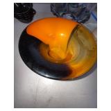 Art Glass Bowl in Amber and Black Swirl