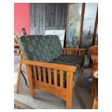 Mission Style Wooden Loveseat with Patterned Uphol