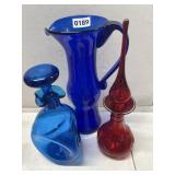 3 Colored Art Glass Decanters and Jug