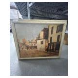 Framed City Street Scene Painting, 23x20"