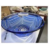 Blue Swirl Art Glass Bowl, 12 Inch Diameter
