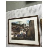 Framed Watercolor Street Scene, Signed, 25 x 30 in