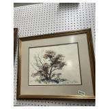 Framed Watercolor Landscape Tree Painting 22x17"