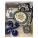 Lot: Textile Doilies, Jerusalem Plaque, Relief