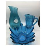 3 Piece Blue Glass Art Vase Pitcher and Bowl Lot