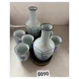 Porcelain Sake Set with Blue Designs, 8 Pieces