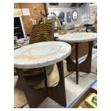 Pair Marble Top and Wood Base Side Tables