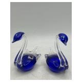 Pair Czech Republic Blue Glass Swan Figurines 3"