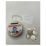 Rockefeller Governor Tin Bank & 10 Dimes Set