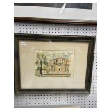Framed Watercolor of Spanish Mission, 20x17"