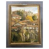 Framed Oil Painting of European Town, 10x12"