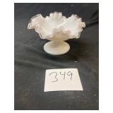 white milk glass pedestal bowl with clear rim