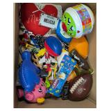 big box of small toys, diecast cars, balls, etc