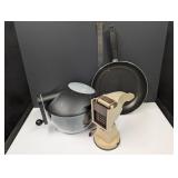 salad spinner, vintage juicer & skillet
