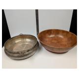 wood salad bowl and metal bowl