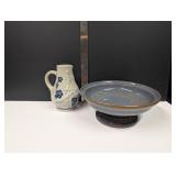 ceramic pedestal bowl and wine pitcher