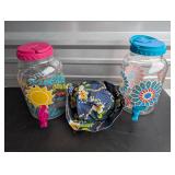 2 glass one gallon drink dispensers and bucket hat