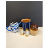 white and gold salt and pepper - delft pitcher etc