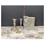 assorted candlestick holders, metal and glass