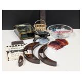 misc vanity items, hair bumpit, pocket mirror,...